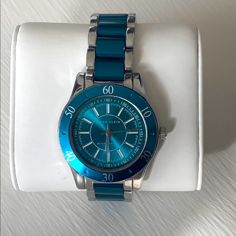 Anne Klein Teal Blue Dial & Enamel Link Silver Tone Sport Bracelet Watch - Picture 5 of 16
